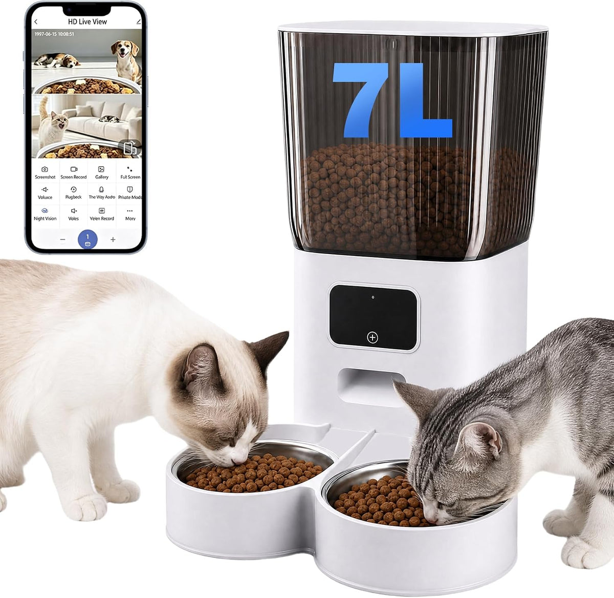 Automatic Cat Dual Bowls Feeder with Camera, 5G Wifi 7L Timed APP Control
