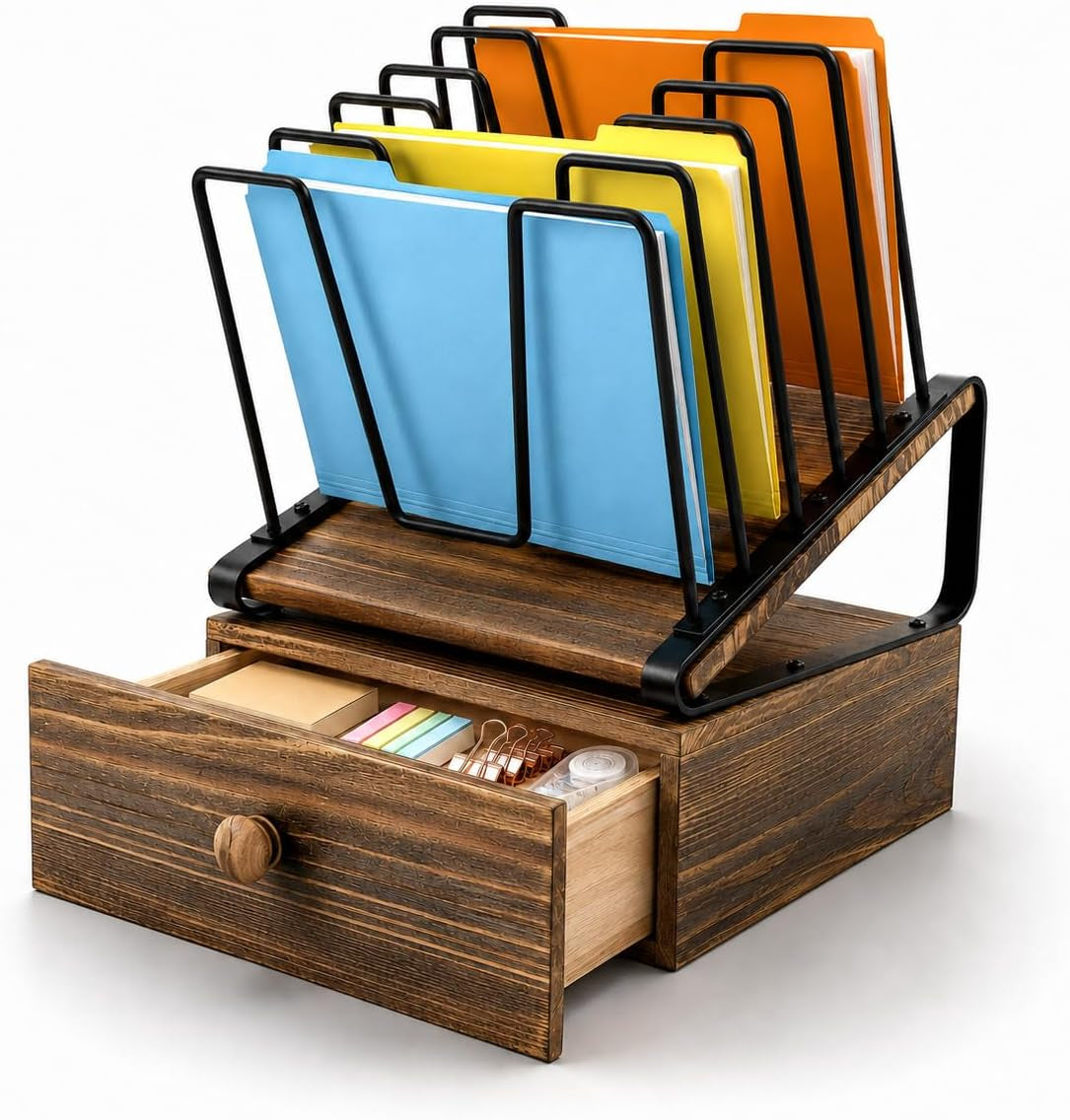 5-Section Wooden Inclined Desktop File Organizer with Storage Drawer