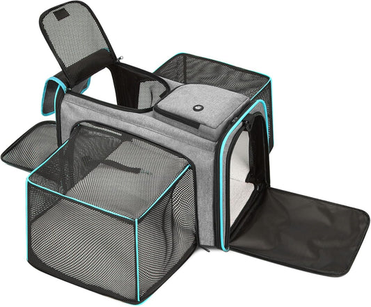 Pet Carrier, Large Soft Sided Expandable Travel Carrier with Steel Frame, Anti-Scratch Mesh, Removable Fleece Pad and Pockets for Cats, Dogs and Small Animals up to 15 Lbs (Gray, 4 Sides Expandable)