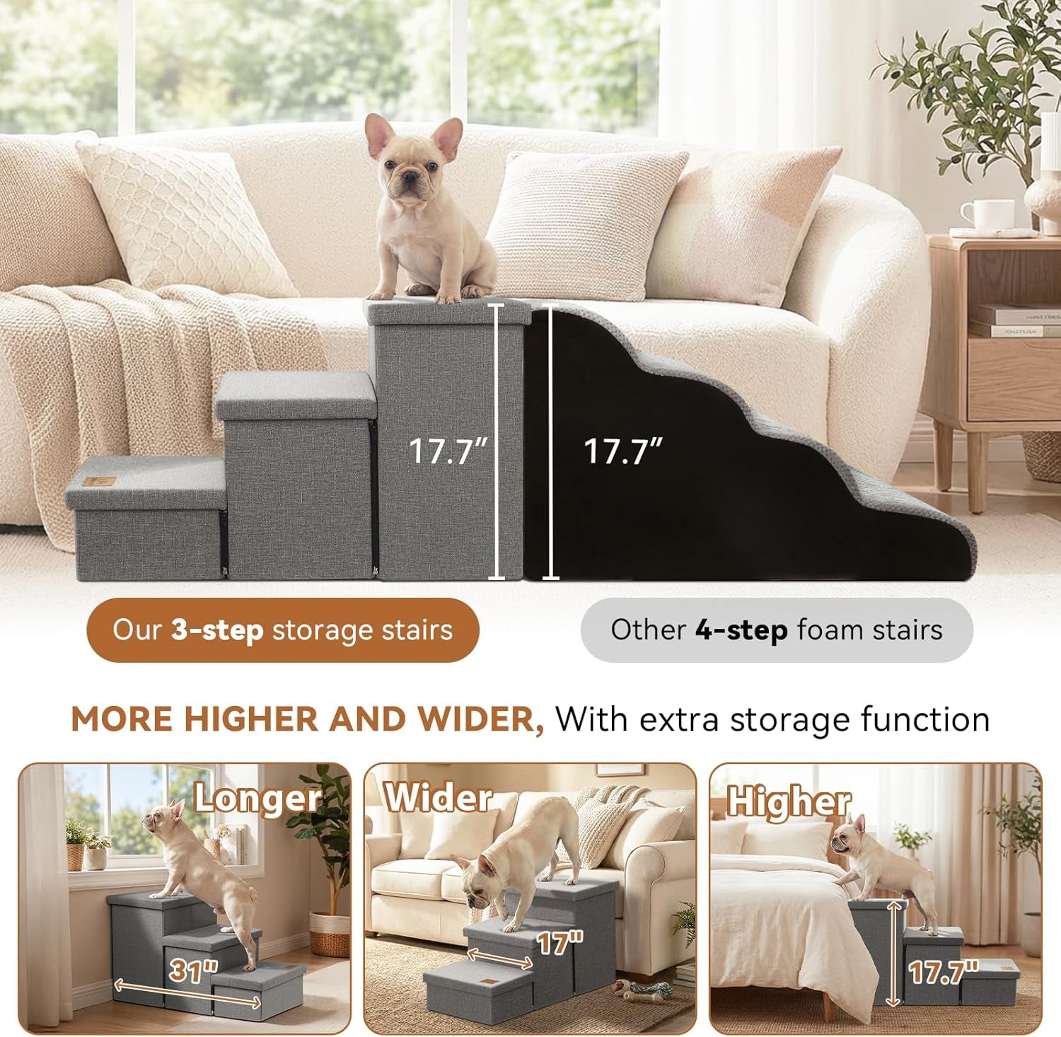Zerbuger Wider Dog Ramp for High Bed with Storage 18" H, Foldable Dog Stairs for Small Medium Large Older Senior Animal, Sturdy Dog Step for Climbing Bed or Couch, Arthritis-Friendly (Gray, No Condo)