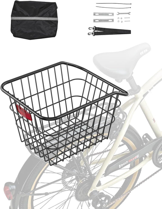 VEVOR Rear Bike Basket, Metal Wire Bicycle Basket with Reflective Tail Light & Waterproof Cover, Durable Bike Back Basket, Fits to Most Rear Bike Racks