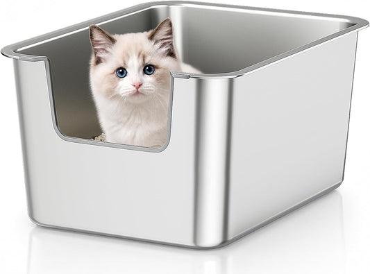 High-Sided Stainless Steel Cat Litter Box, Low Entry, Odor-Free, Non-Stick