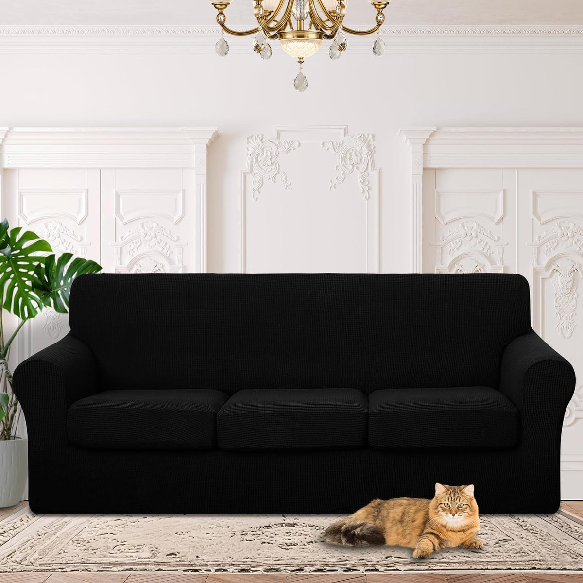 4 Pieces Stretch Couch Cover for Sofa, 3 Cushion, Black