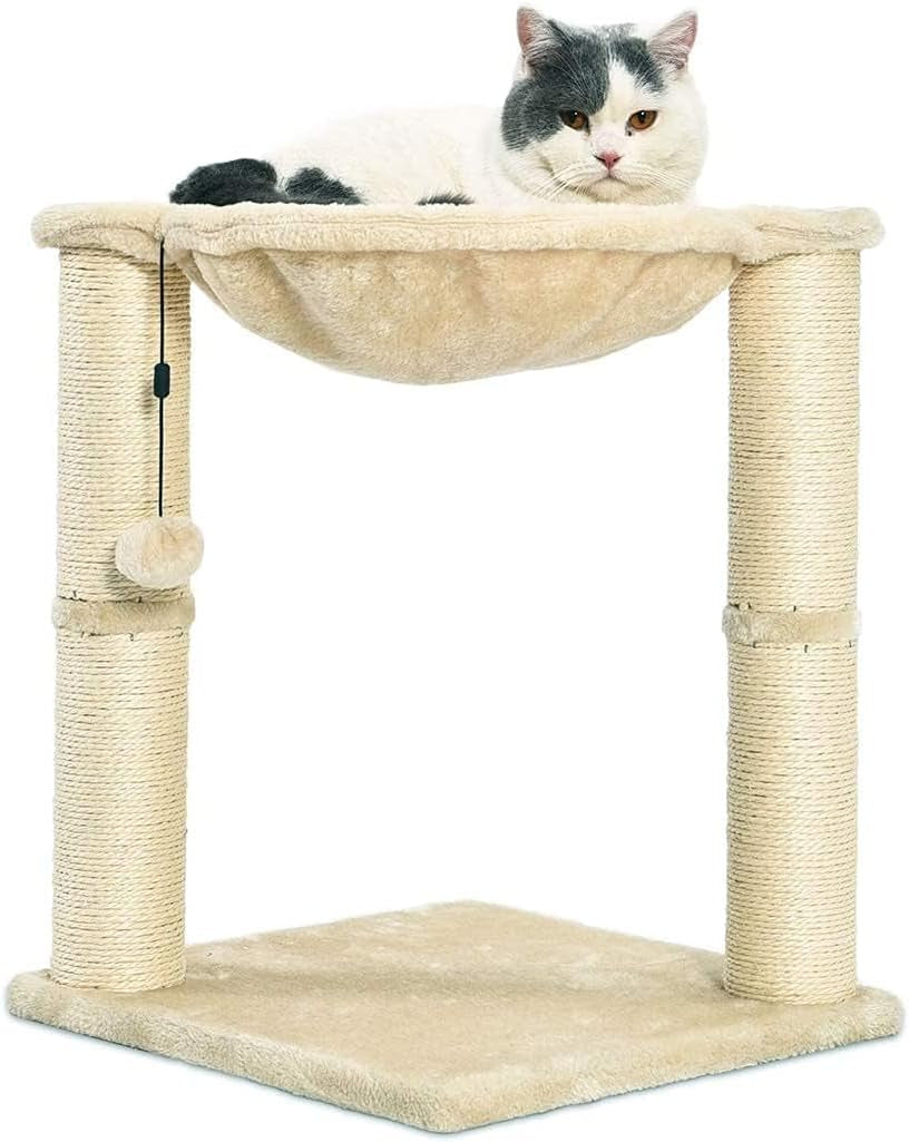 Amazon Basics Cat Tower with Hammock Bed and Scratching Post for Indoor Cats, Easy to Assemble, Interactive Hanging Ball, 15.8" X 15.8" X 19.7", Beige