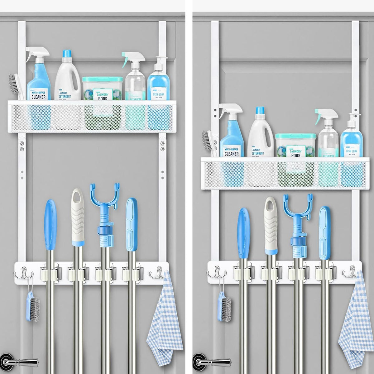 Adjustable over the Door Mop and Broom Holder Wall Mount with Metal Basket