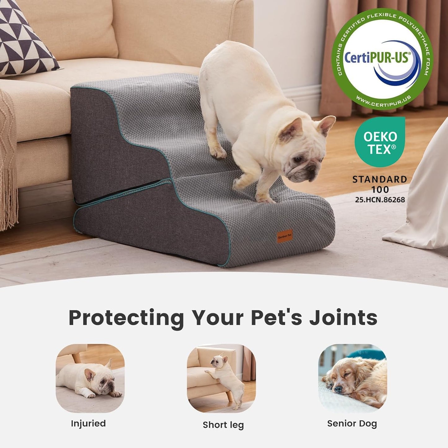 Gardner Pet Dog Stairs for Small Dogs 16.5" H, 2 in 1 Transformable 3-Step Pet Stairs and Ramp, Dog Steps for Couch (13-20 In) with Durable Non-Slip Waterproof Cover and Certipur-Us Certified Foam