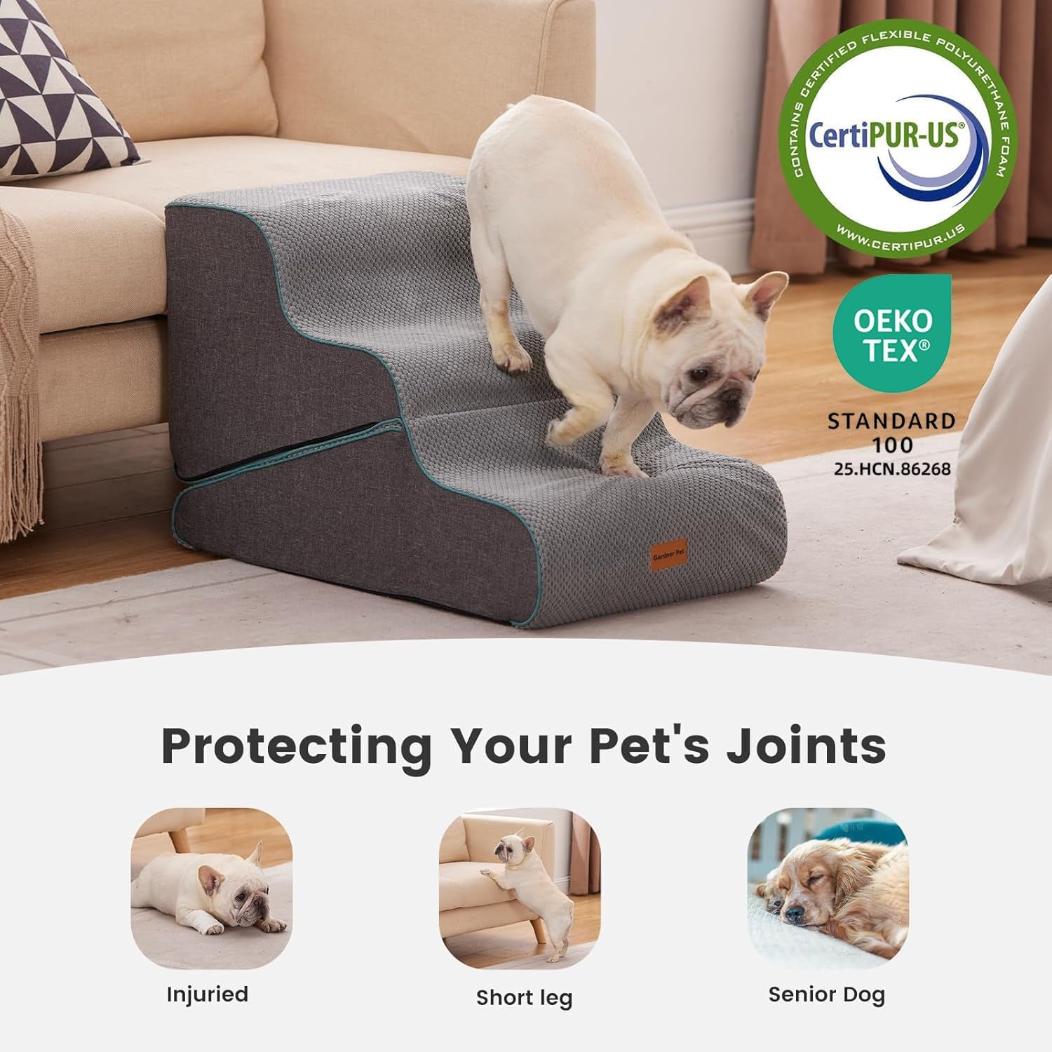 Gardner Pet Dog Stairs for Small Dogs 16.5" H, 2 in 1 Transformable 3-Step Pet Stairs and Ramp, Dog Steps for Couch (13-20 In) with Durable Non-Slip Waterproof Cover and Certipur-Us Certified Foam