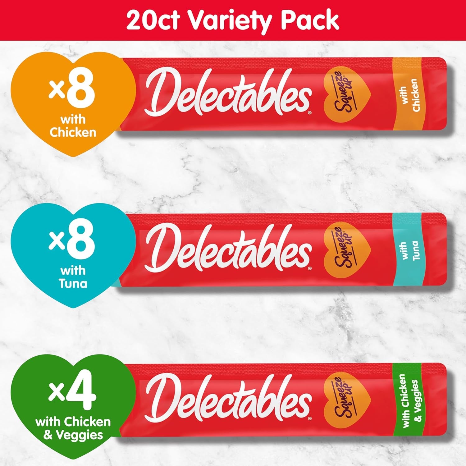 Delectables Squeeze up Variety Pack, Creamy Squeezable Puree, Lickable Wet Cat Treats, Grain Free, No Added Fillers, No By-Products, No Added Preservatives, 0.5 Ounces Tube, 20 Tubes Total
