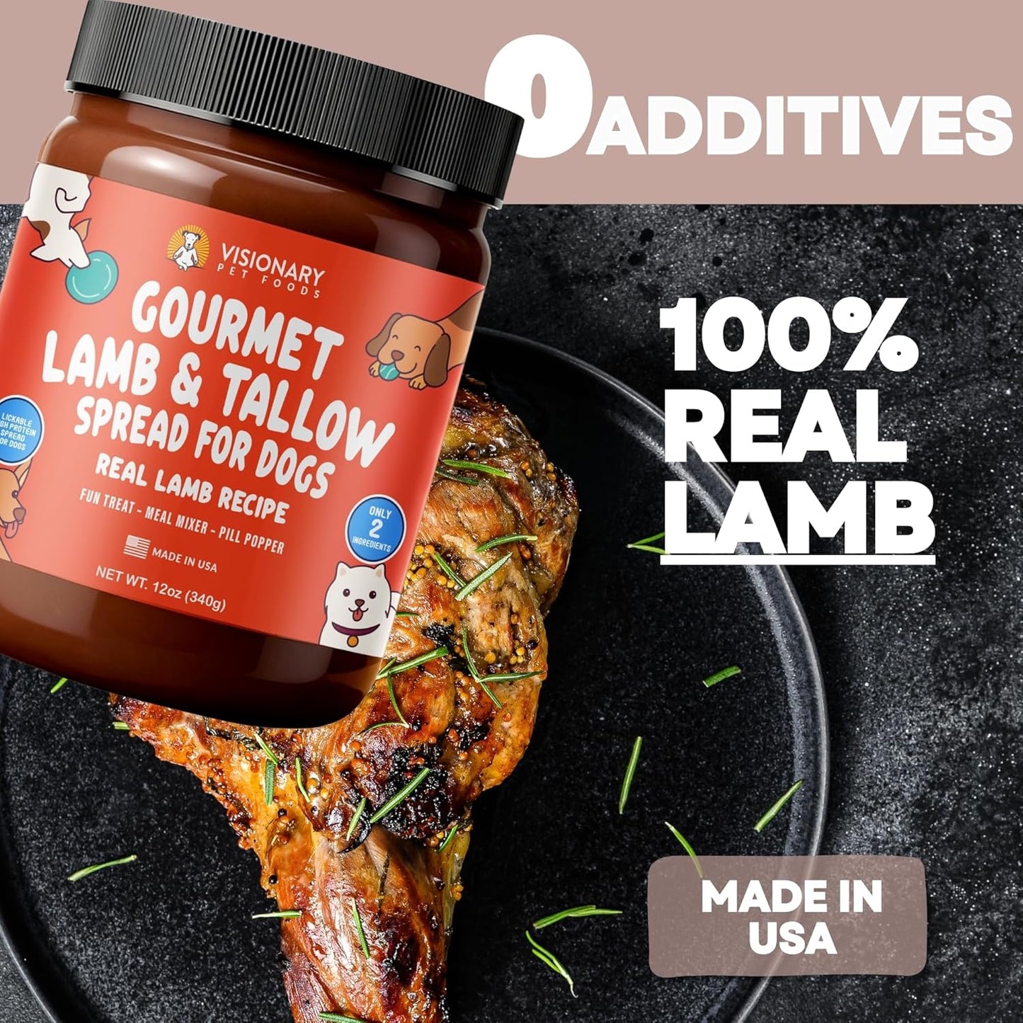 Visionary Pet Foods Lamb and Tallow Meat Spread - Healthy Dog Treat - Alternative to Dog Peanut Butter, Xylitol Free, No Sugar and Filler Free - Use on Lick Mat, Food Mixer, Pill Pockets - 12Oz Jar
