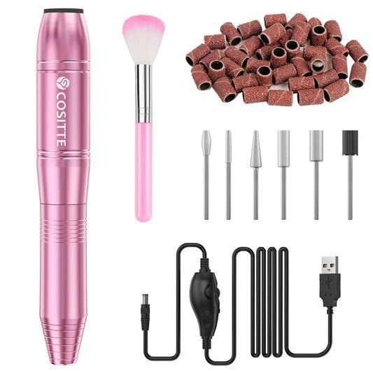 COSITTE Electric Nail Drill,Usb Electric Nail Drill Machine for Acrylic Nail Kit,Portable Electric Nail File Polishing Tool Manicure Pedicure Kit Efile Nail Supplies for Home Salon,Pink