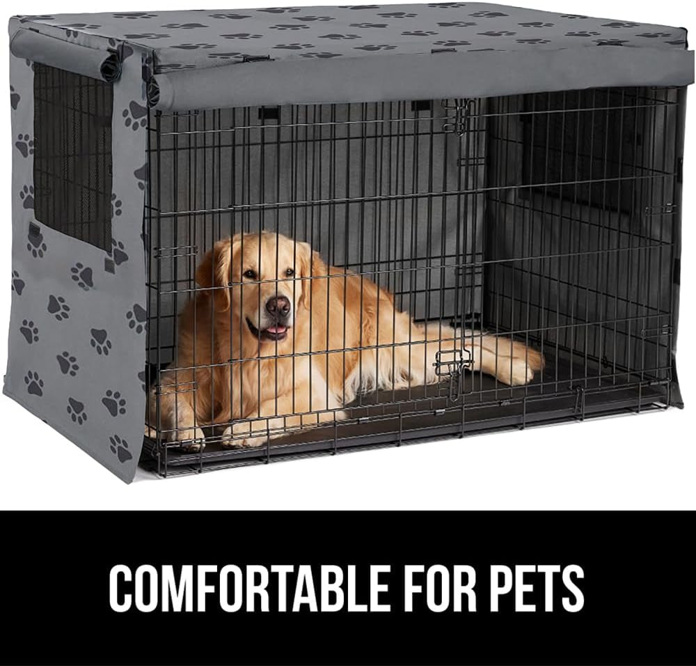 GORILLA GRIP Dog Crate Covers Compatible with Amazon Basics Dog Crates, All Sides Open, Privacy Cover Fits 42" Wire Kennel, Breathable Mesh Windows, Light Reducing Puppy Training Cage Topper, Gray Paw