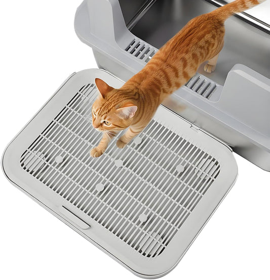 Cat Litter Mat Litter Box Mat with a Flip-Top Lid,Extra Large Double-Layer Trapping Mats for Kitty,Xl Cat Trapping Pad with Non-Slip Base,Durable,Waterproof,Washable,Easy to Clean (Grey)