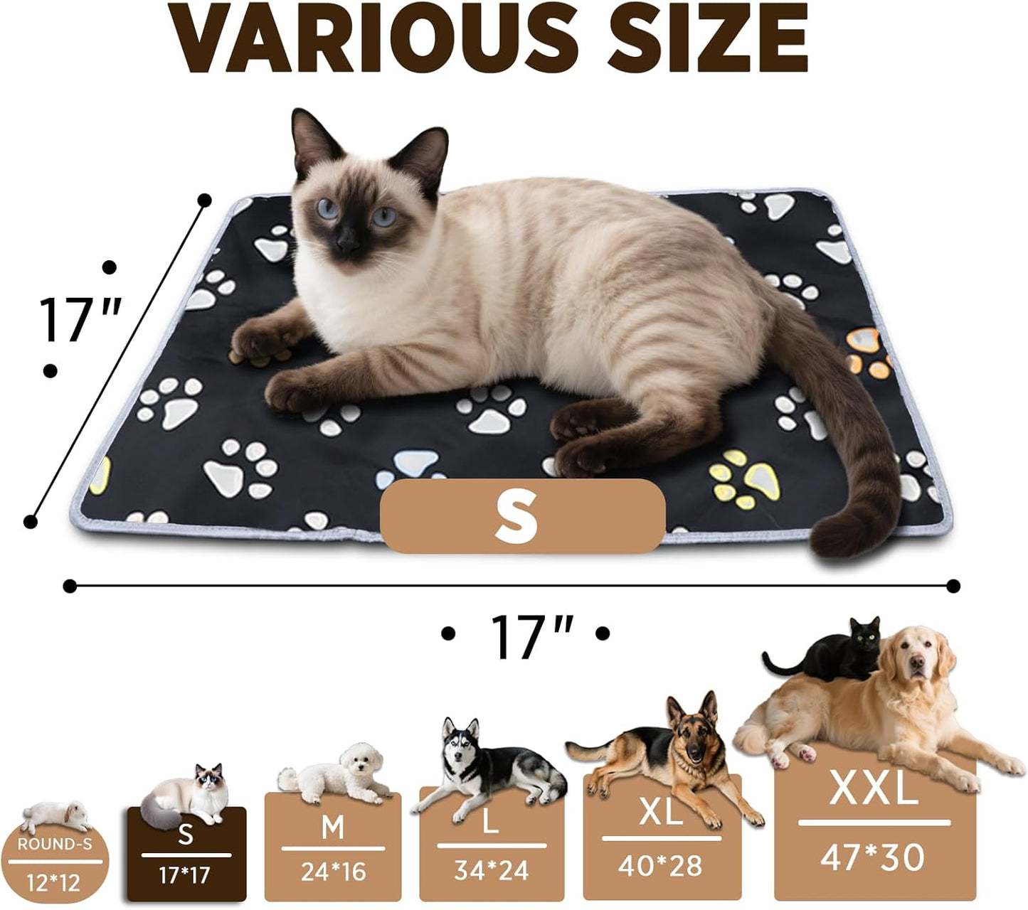 Furrybaby Pet Heating Pad, Waterproof Dog Heating Pad Mat for Cat with Durable Anti-Bite Tube Indoor for Puppies Dogs Cats (1 Pack Black, 17 X 17In, Temp Adjustable)