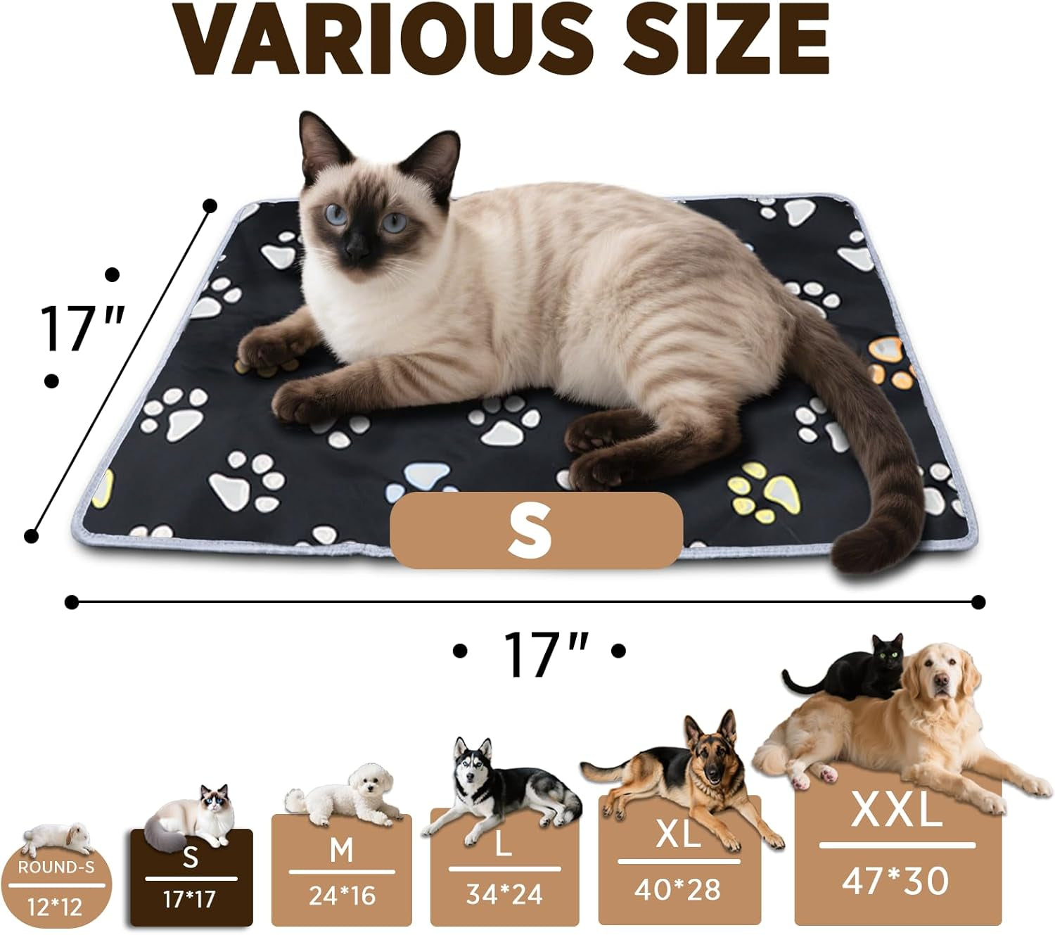 Furrybaby Pet Heating Pad, Waterproof Dog Heating Pad Mat for Cat with Durable Anti-Bite Tube Indoor for Puppies Dogs Cats (1 Pack Black, 17 X 17In, Temp Adjustable)