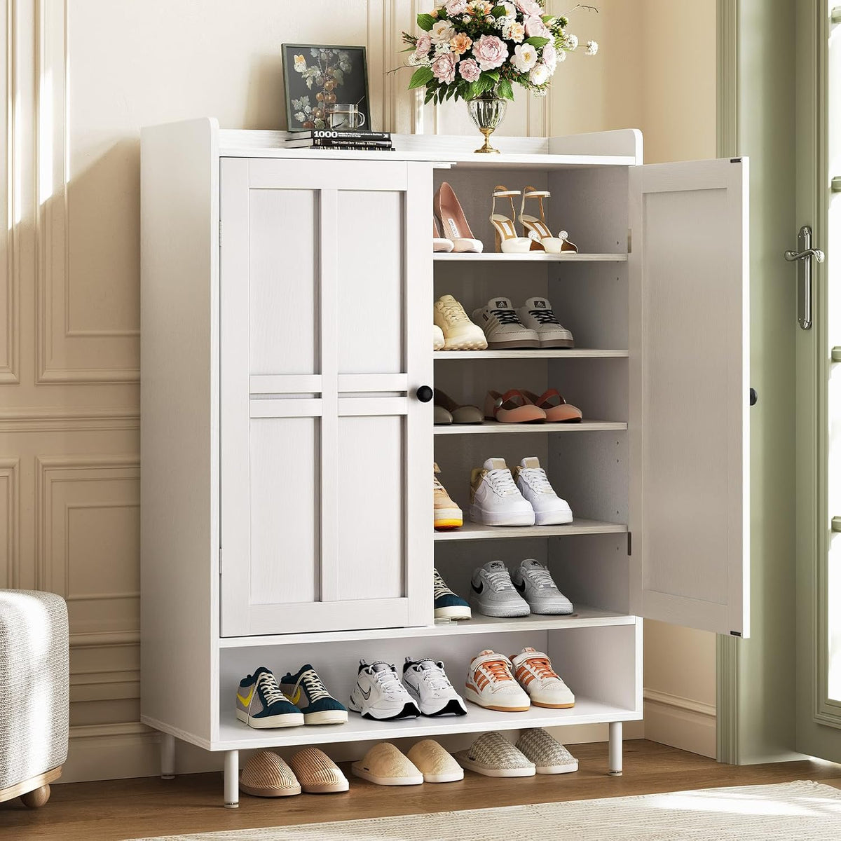 Comfycorner Shoe Cabinet with Cross Molding Doors, 6-Tier Storage, White