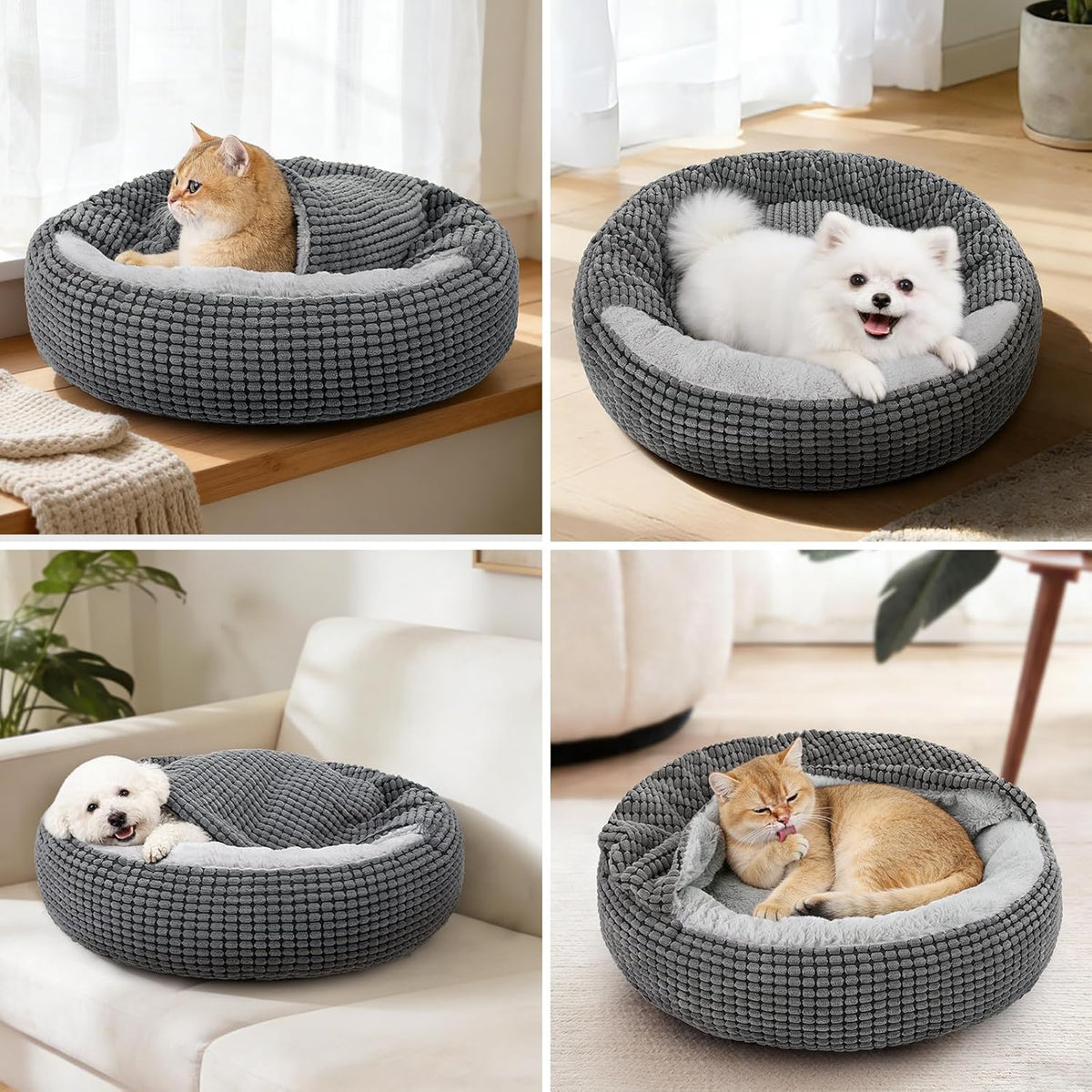 Dog Bed with Attached Blanket for Small Dogs or Cats, Soft Plush Cozy Donut Cuddler Hooded Pet Beds Washable. round Puppy Bed Orthopedic, Calming Cat Cave Bed. Anti-Slip Bottom 26Inch