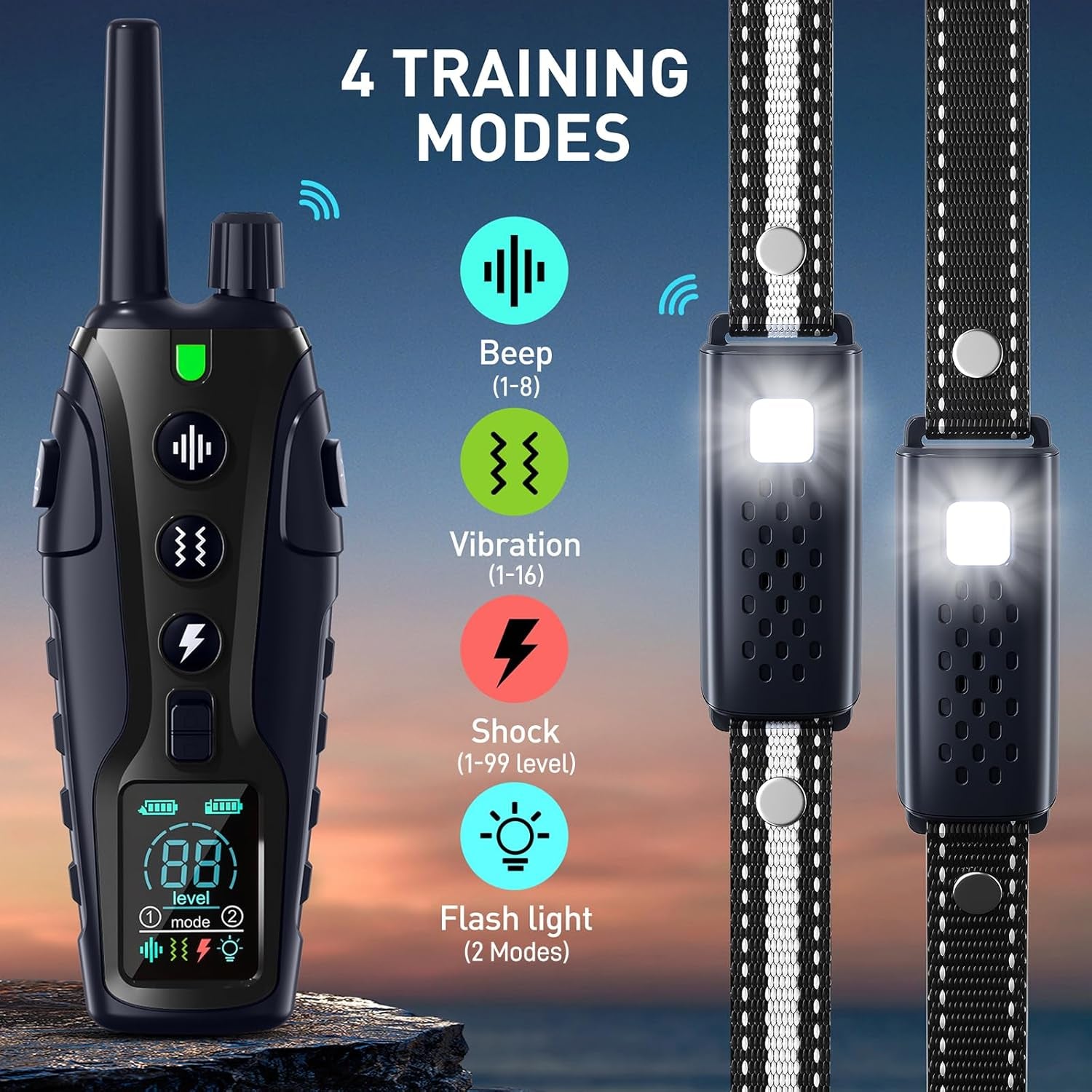 Dog Shock Collar 2 Dogs(15-150Lbs) with Flashing Light for Night Walks,4500Ft Dog Training Collar Adjustable Pitch Beep(1-8), Vibration(1-16), Safe Shock(1-99), and Keypad Lock