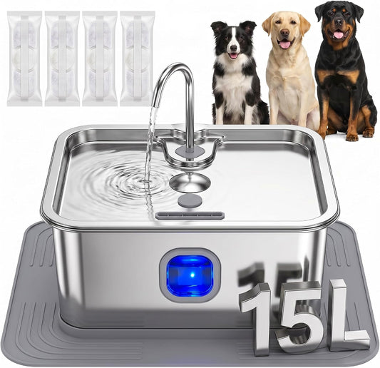 15L/3.96Gal Large Dog Water Fountain, Non-Slip Mat & 4 Filters