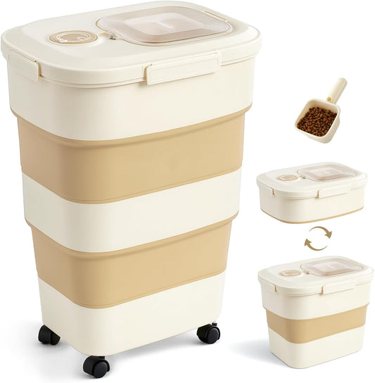 ZOMISIA 40-50Lbs Collapsible Dog Food Storage Container with Wheels, Khaki