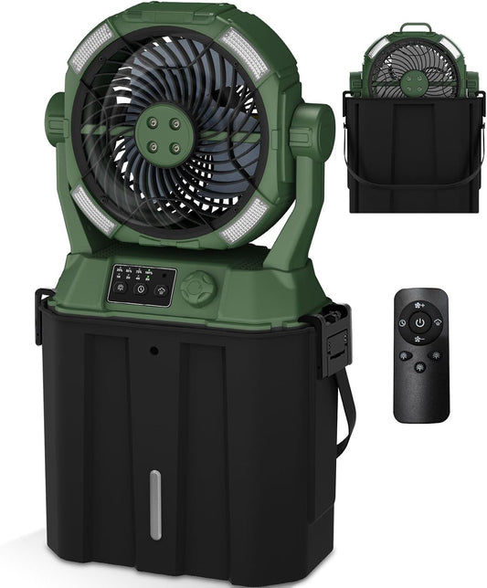 Wilody Portable Misting Fan 20000Mah Rechargeable Battery, 6L Bucket Outdoor Fan with LED Lights & Stepless Speed Control & Cooling Mist, Battery Powered Fan for Outdoor Patio Camping (Deep Green)