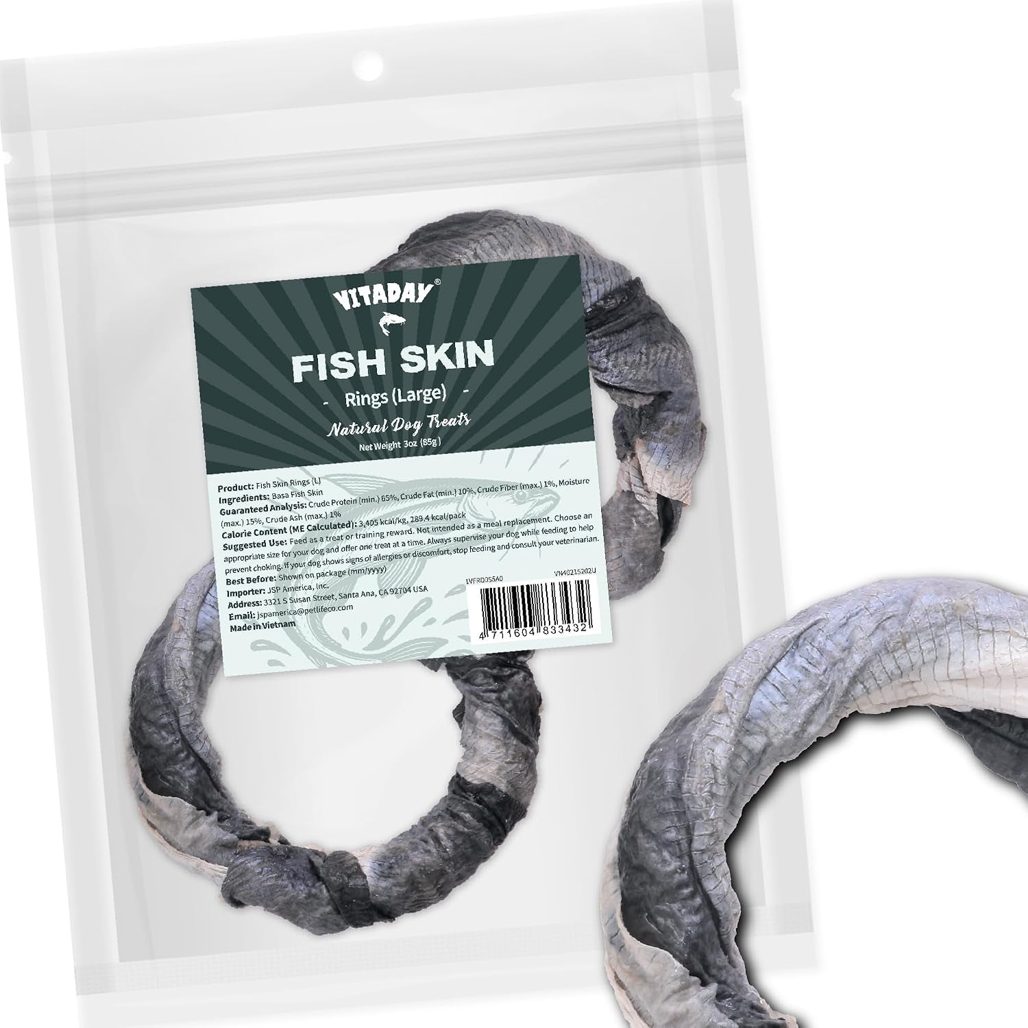 VITADAY Dog Jerky, 100% Fish Skin Dog Treats, Tough Grain-Free Rawhide Alternative, Natural Dog Jerky Treats For, Rich in Collagen & Omega-3, Low Fat, Hypoallergenic, 3 Oz Pack, Ring (L)