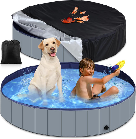 Foldable Dog Swimming Pool with Cover round Hard Plastic Collapsible Dog Pool Portable Puppy Wading Bathing Tub for Indoor Outdoor Pets Cats(Gray,71 X 12 Inch)
