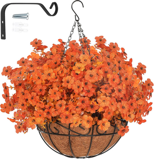 Artificial Fake Orange Fall Mums Flowers Planter Hanging Basket for Outdoor