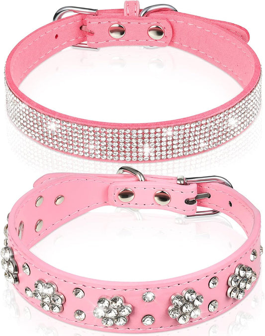 Frienda 2 Pieces Pink Rhinestone Dog Collars with Bling Diamonds Adjustable Soft PU Leather Flower Pattern Studded Dog Collar Crystal Pet Necklace for Small Medium Pet Female Dogs(M 12-15 Inch)