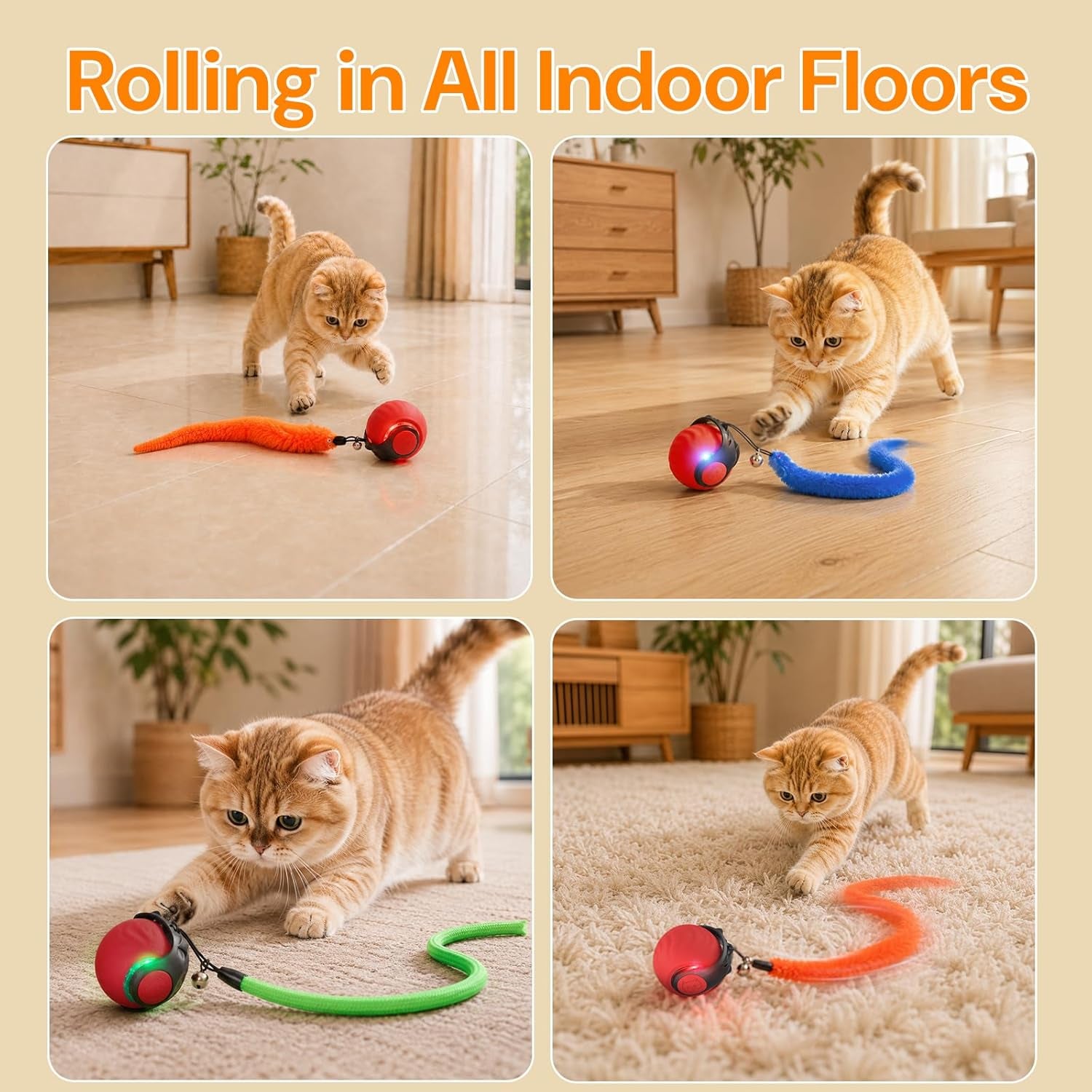 Geamen Interactive Cat Toys with Bird Sounds & 3 Speed Modes, Rechargeable Automatic Moving Cat Toy with 3 Tails, Fast Charging Smart Rolling Ball for Indoor Cats to Chase Play on Hard Floor Carpet