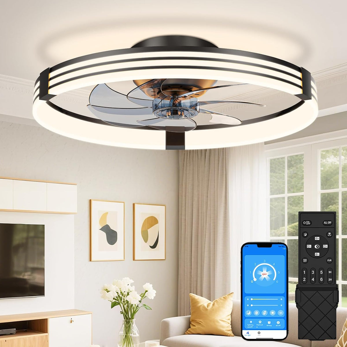 VOLISUN Low Profile Ceiling Fans with Lights and Remote, 20In Flush Mount Ceiling Fan with Light, 3000K-6500K Dimmable Fandelier LED Fan Light, Black Bladeless Ceiling Fans with Lights for Bedroom