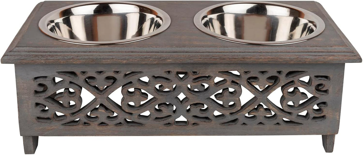 Gocraft Raised Dog Bowls for Small Dogs | Elegant Farmhouse Grey Washed Elevated Wooden Stand Feeder with 2 Stainless Steel Bowls for Your Pet Food & Water