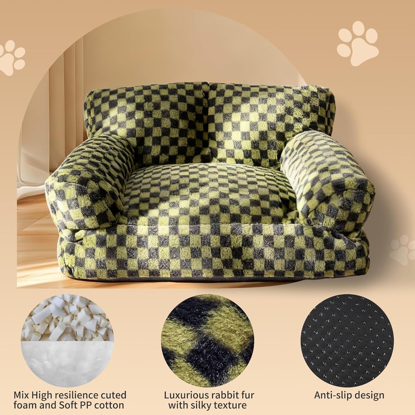 Faux Fur Cat & Dog Sofa Cat Couch Mini Cat Bed Indoor Human Style Pet Sofa, Modern Pet Furniture for Cats, Washable ＆ Removable Cover, for Cats and Small Medium Dogs (Black/Green, Medium(24X19 Inch))