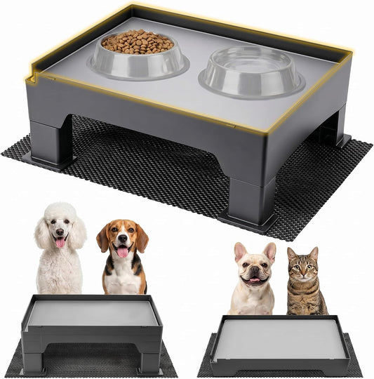 Adjustable Elevated Dog Bowl Stand with Dog Food Mat, 1 Set, Gray Pad