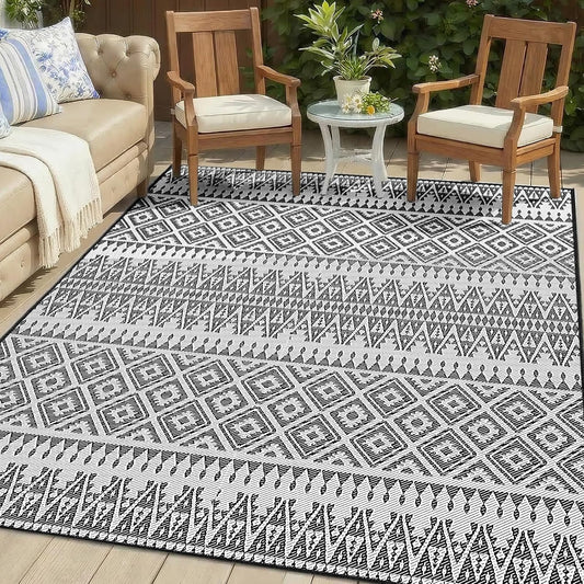 UPGRADE 8Ft X 10Ft Waterproof Outdoor Rug, Reversible Plastic Patio Rug, UV Resistant Straw Camping Mat with Carry Bag for RV Beach Deck Backyard, Black & White
