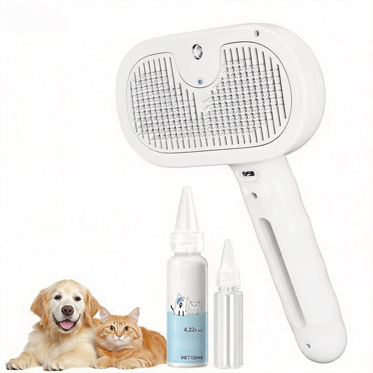 Pet Steam Brush for Dog & Cat, 4-In-1 Upgrade Steam Grooming Brush for Shedding and Hair Removal, Self Cleaning Spray Comb with Gentle Cool Mist for Long Haired Pets, Includes Waterless Shampoo