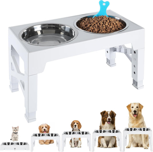 Elevated Dog Bowls with 2 Stainless Steel Dog Food and Water Bowls+Pet Food Scoop Raised Bowl Adjusts to 5 Heights (3.15",8.66",9.84",11.02", 12.2") for Small Medium and Large Dogs Cats (White)