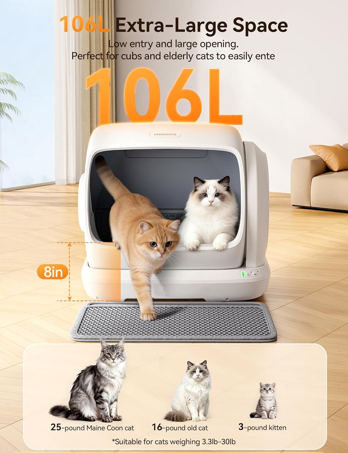 Meowant Self-Cleaning Cat Litter Box, 106L Extra-Large Space Low Entrance Automatic Cat Litter Box Perfect for Multiple Cats, Safety Sensor, Anti-Pinch, APP Control, Odor Free with Mat & Liner