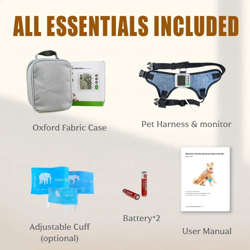Wearable Pet Blood Pressure Monitor for Cats & Dogs, Automatic Oscillometric Veterinary BP & Heart Rate Monitor, 4 Adjustable Cuffs 4.2–15Cm, Dual-User 120 Memory, Portable Home & Vet Clinic Use