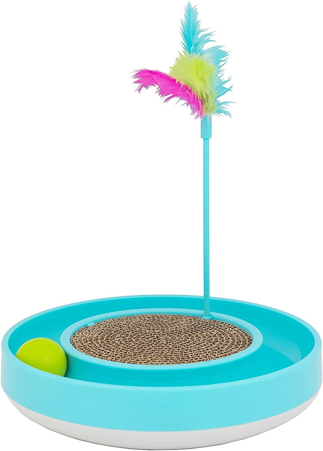 Ourpets Wobble Scratch Track Cat Toy - Interactive Cat Toys for Indoor Cats with Ball Track That Rolls; Feather Wand and Scratcher Pad. Great as a Kitten Toy for Self Play to Keep Them Busy