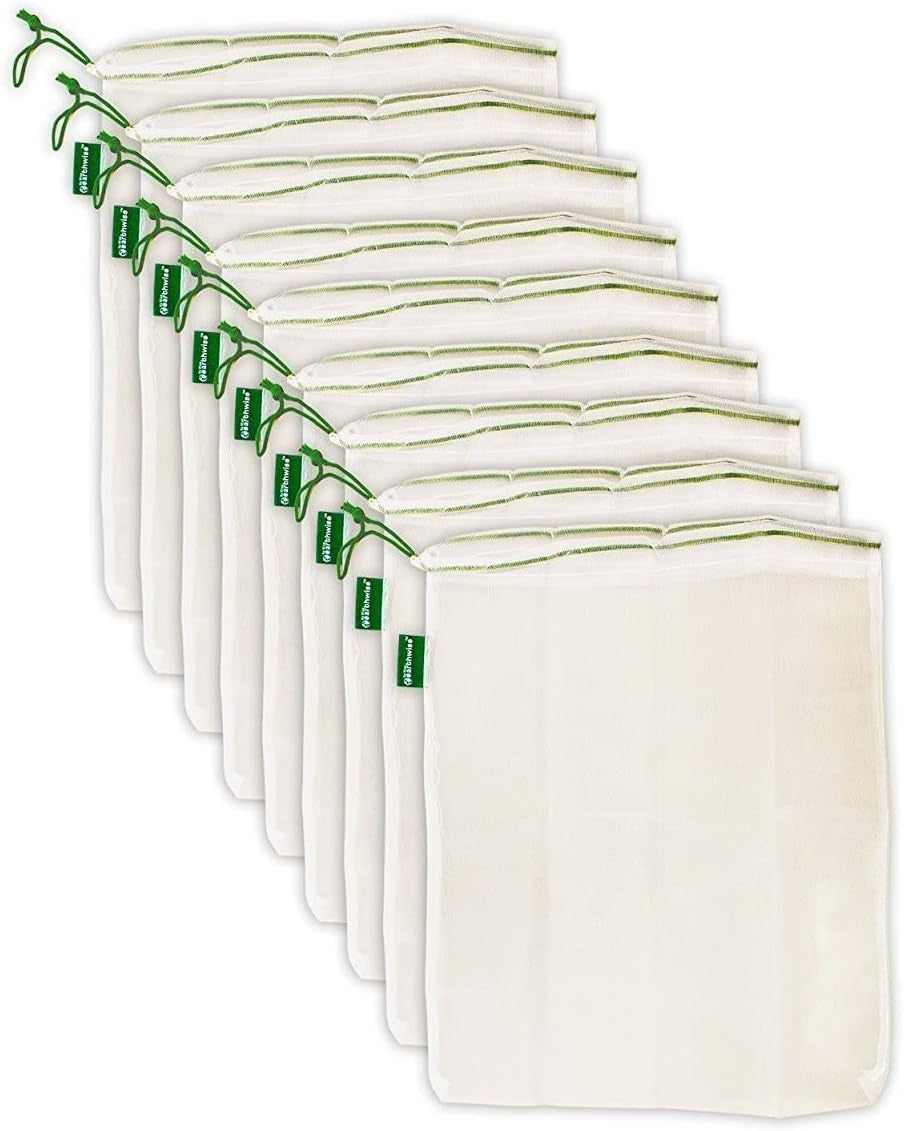 Earthwise Reusable Mesh Produce Bags - Washable Set of 9 Premium Bags, TRANSPARENT Lightweight, Strong SEE-THROUGH Mesh for Shopping, Transporting and Storing Fruits and Veggies.