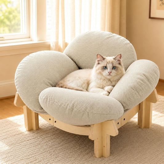 Wooden Elevated Cat Bed, Pet Sofa Furniture with Washable Cushion (Beige)