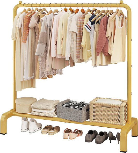 JIUYOTREE Metal 43.3 Inches Garment Rack with Bottom Shelf Clothing Rack for Hanging Clothes Coats Skirts Shirts Sweaters Gold