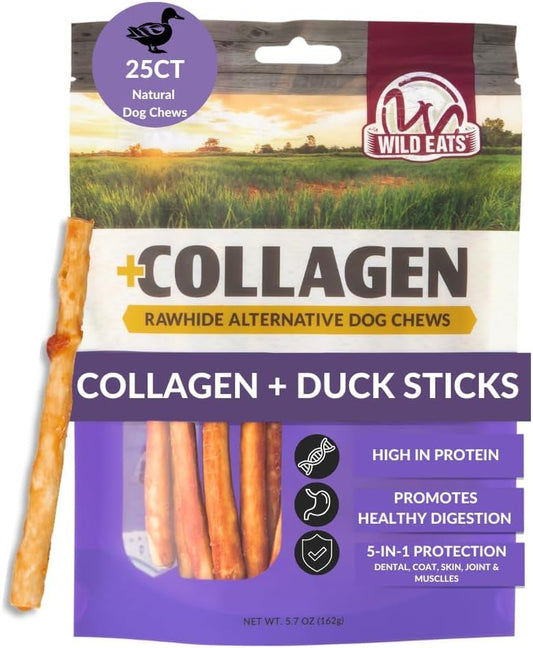 Wild Eats Real Duck Collagen Bully Sticks for Dogs (25 Pack,5 Inch) Long Lasting Dog Chews No Hide Dog Treat Bully Stick Alternative, Rawhide Free, Grain Free, High Protein