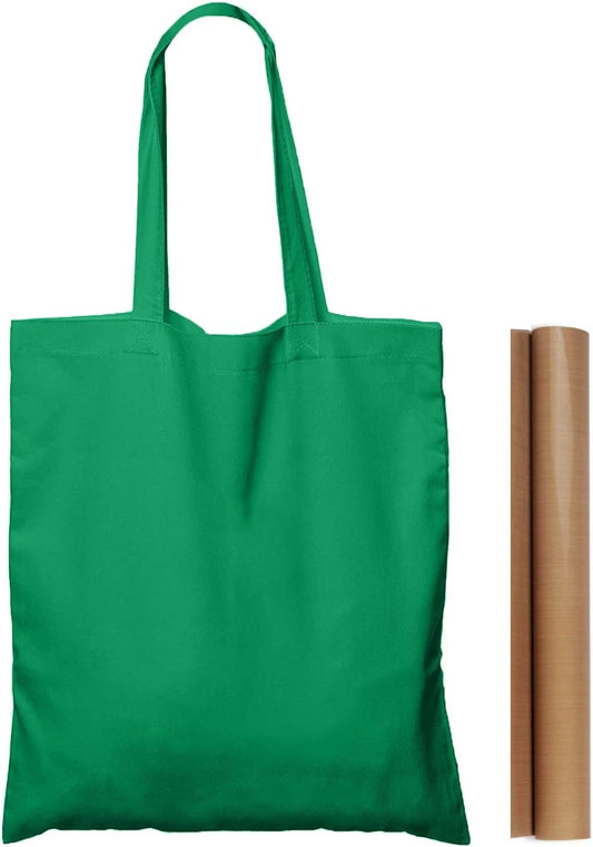 NPBAG 5 Pack 15'' X 16'' Green Cotton Tote Bags, Lightweight Blank Bulk Cloth Bags with 1Pc of PTFE Teflon Sheet