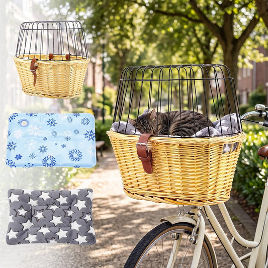 Woanger 3 Pcs Wicker Dog Bike Basket Set Rattan Pet Carrier for Small Pet