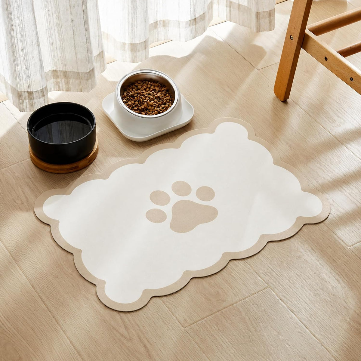 Scalloped Dog Feeding Mat, Beige White, 14" X 19”