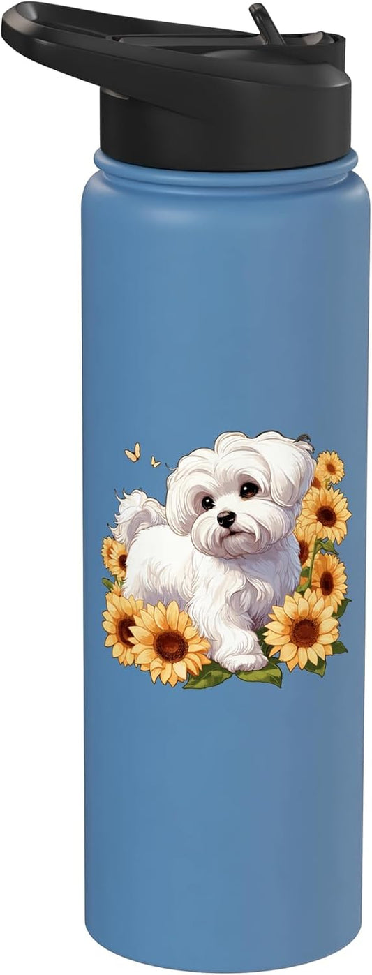 Womens Girls Cute Floral Sun Flowers Maltese Dog Lover Stainless Steel Insulated Water Bottle