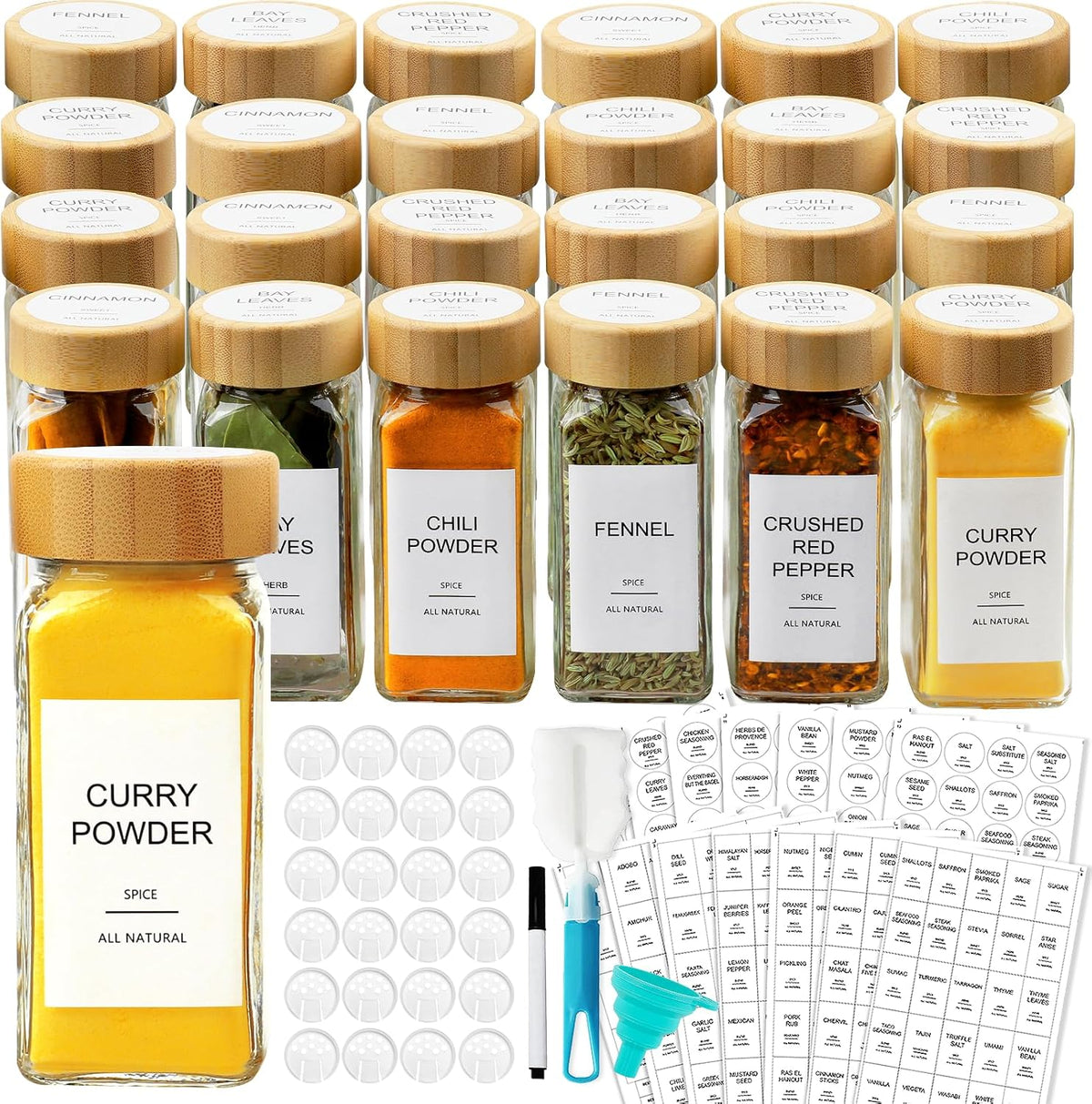 AISIPRIN Glass Spice Jars with 398 Labels, 24 Pcs 4Oz Spice Containers with Bamboo Lids, Square Spice Bottles with Shaker Lids,Spice Organization for Cabinet,Drawer,Rack,Seasoning Organizer
