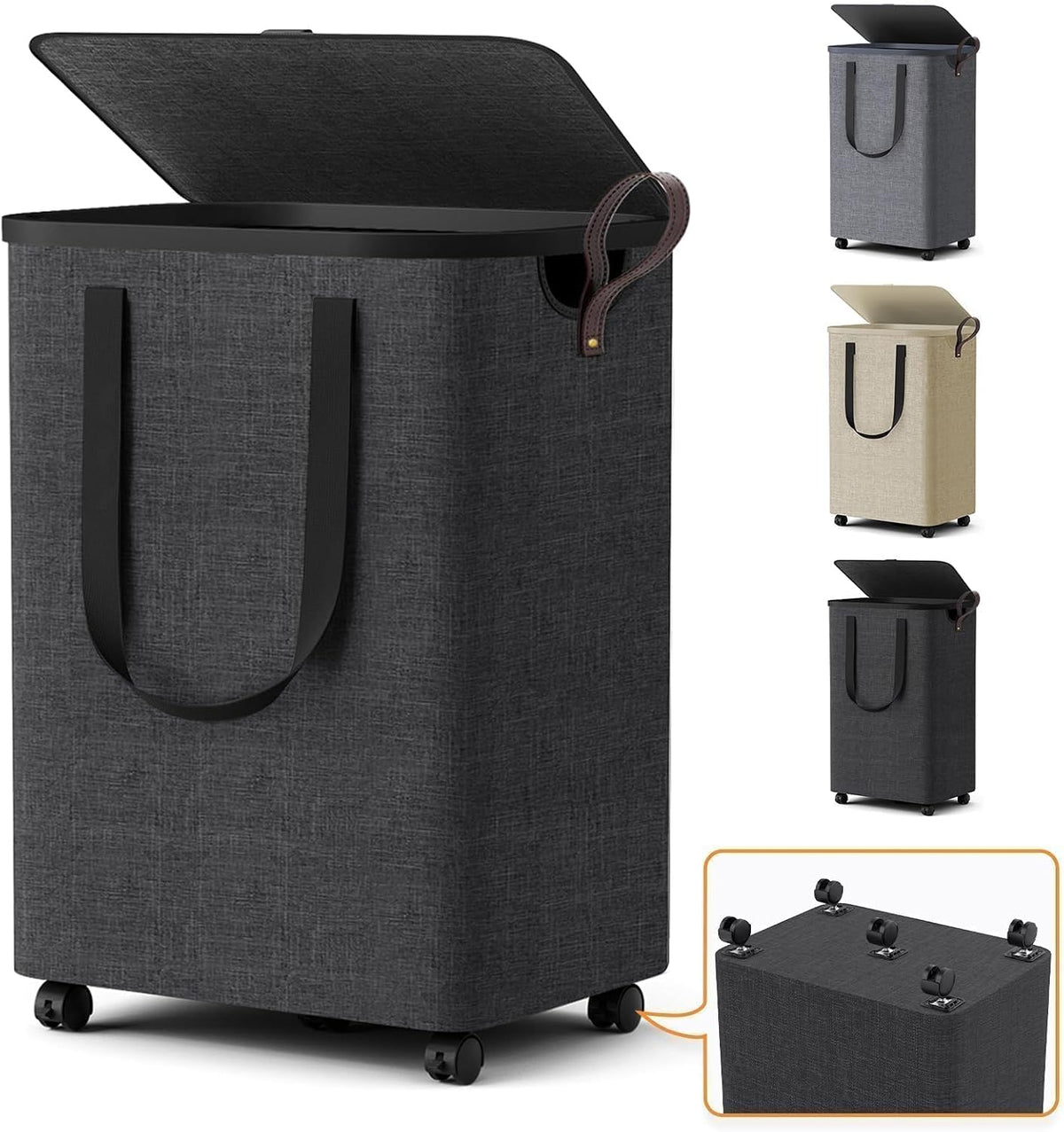 Laundry Basket with 5 Wheels, Rolling Laundry Hamper, 75L, Deep Gray