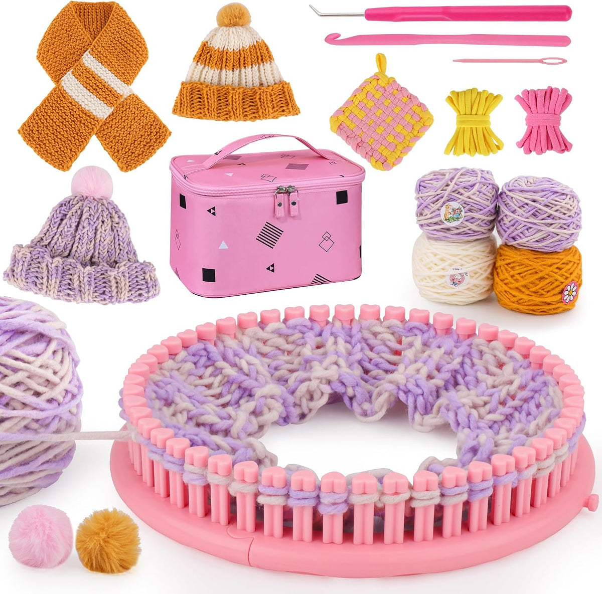 Ahco. Knitting Loom Kit for Beginners, Creative Craft Toy for Girls Ages 7 8 9 10 11 12 with Storage Bags Yarns Knitting Tools, Fantastic DIY Gifts Knit Hat Scarf Coaster (Pink)